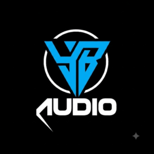 YB Audio: monograma YB en celeste con la palabra AUDIO